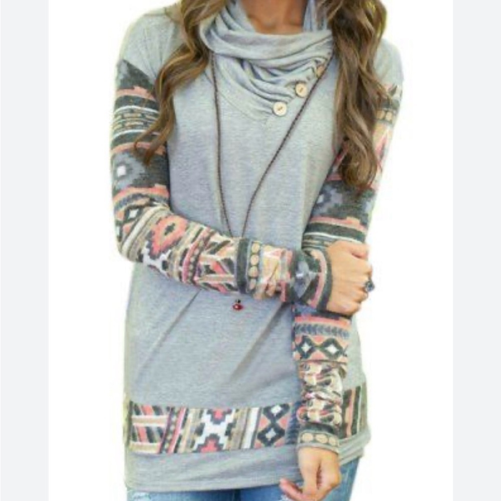 12 Pm By Mon Ami Light Gray Cowl Neck Sweater with Aztec Print Sleeves S Boho
